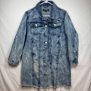 Thrill Jeans Denim Jacket Dress Longline Distressed Paint Splatter Sz Medium